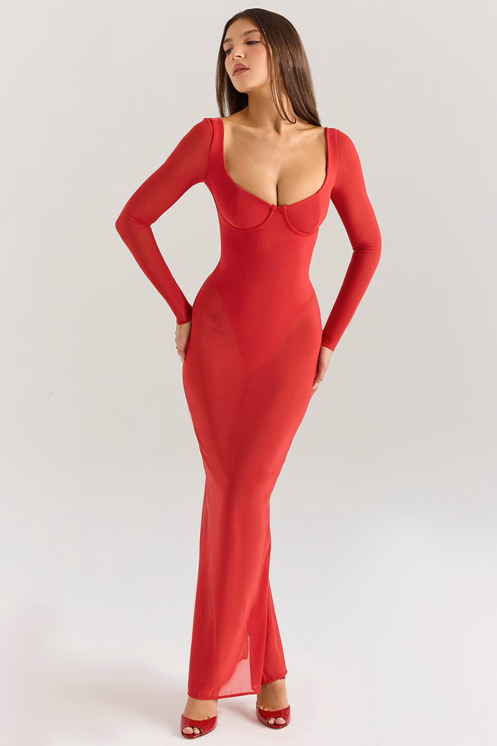 ROBE LONGUE EN MAILLE ROUGE