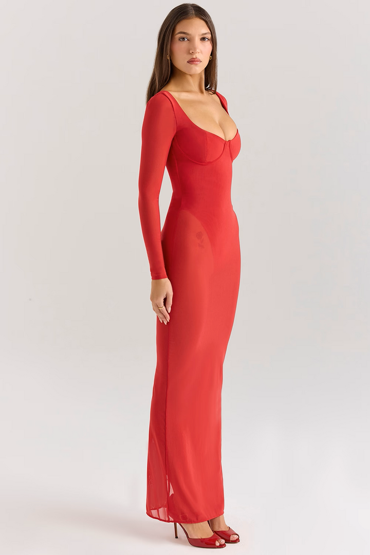 ROBE LONGUE EN MAILLE ROUGE