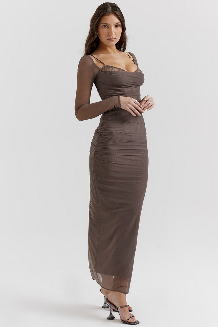 Robe longue à dentelle marron