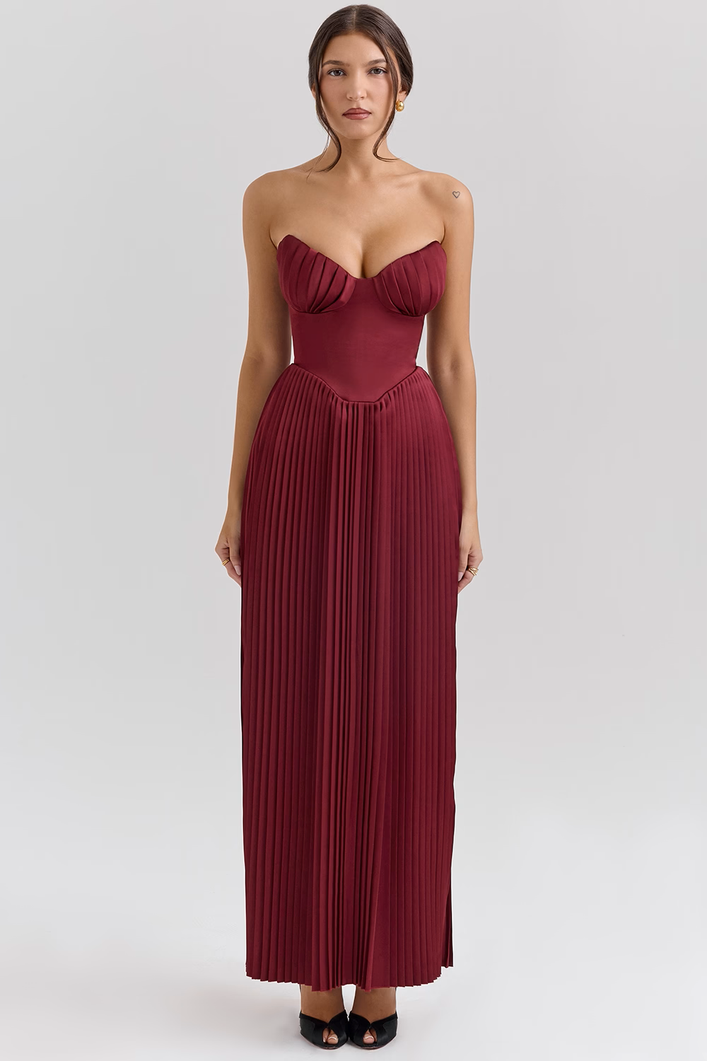 Robe longue plissée en georgette bordeaux