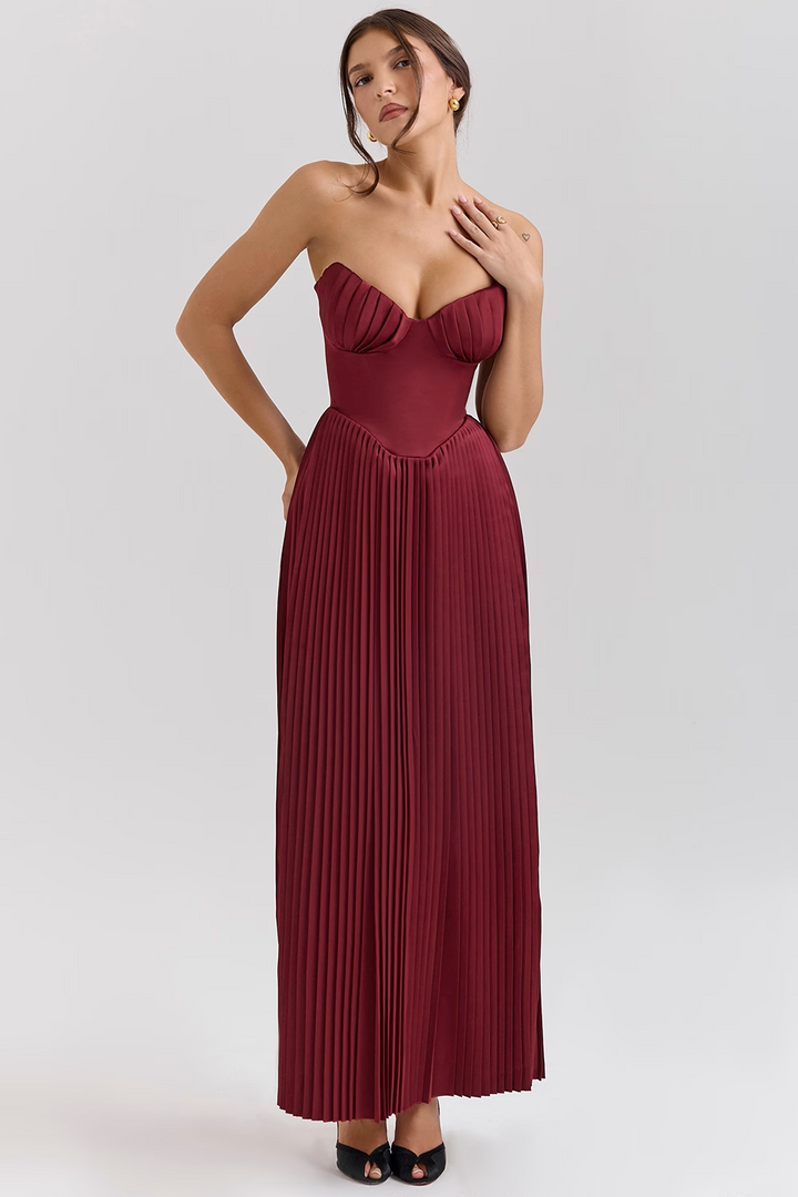 Robe longue plissée en georgette bordeaux