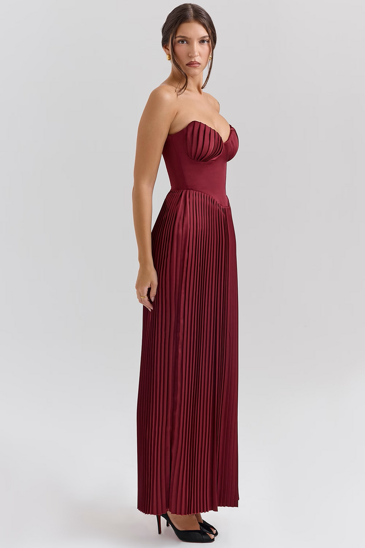 Robe longue plissée en georgette bordeaux