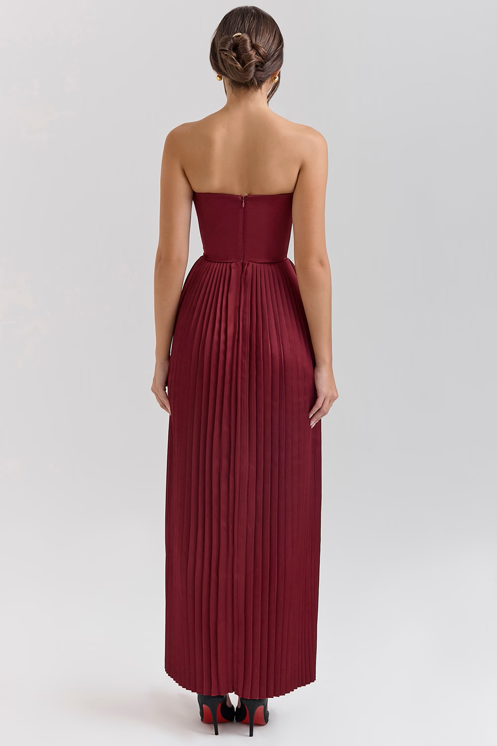 Robe longue plissée en georgette bordeaux