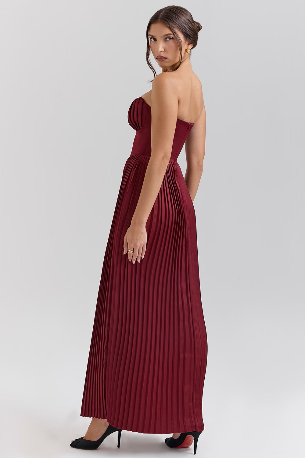 Robe longue plissée en georgette bordeaux