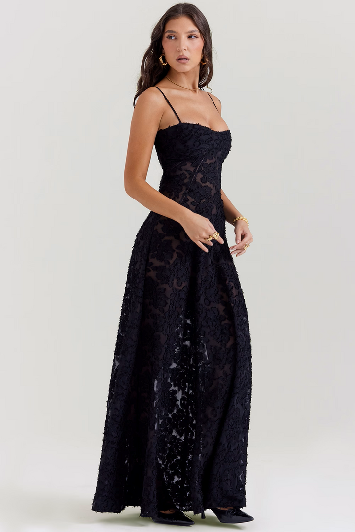 Robe longue vintage à dos en dentelle florale noir