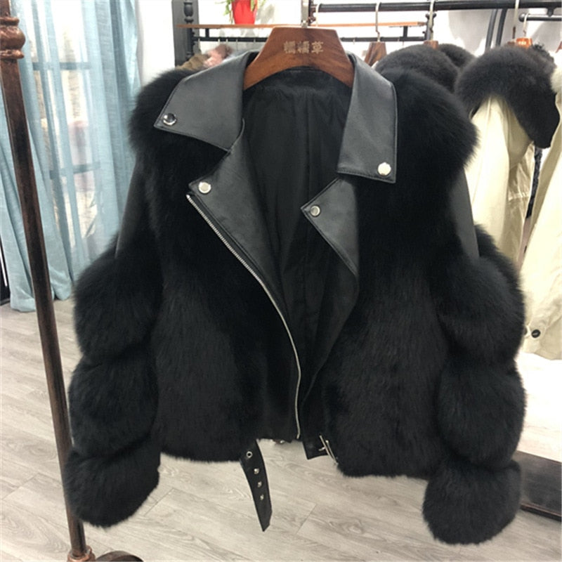 VESTE EN CUIR À FAUSSE FOURRURE